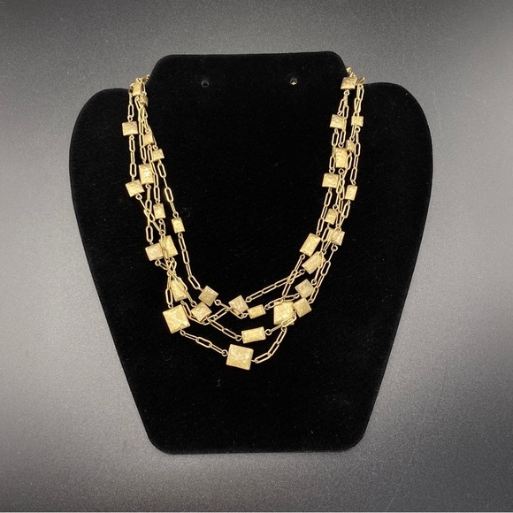 Gold Tone Multi-Strand Chain Hammered Statement Necklace - Picture 4 of 8